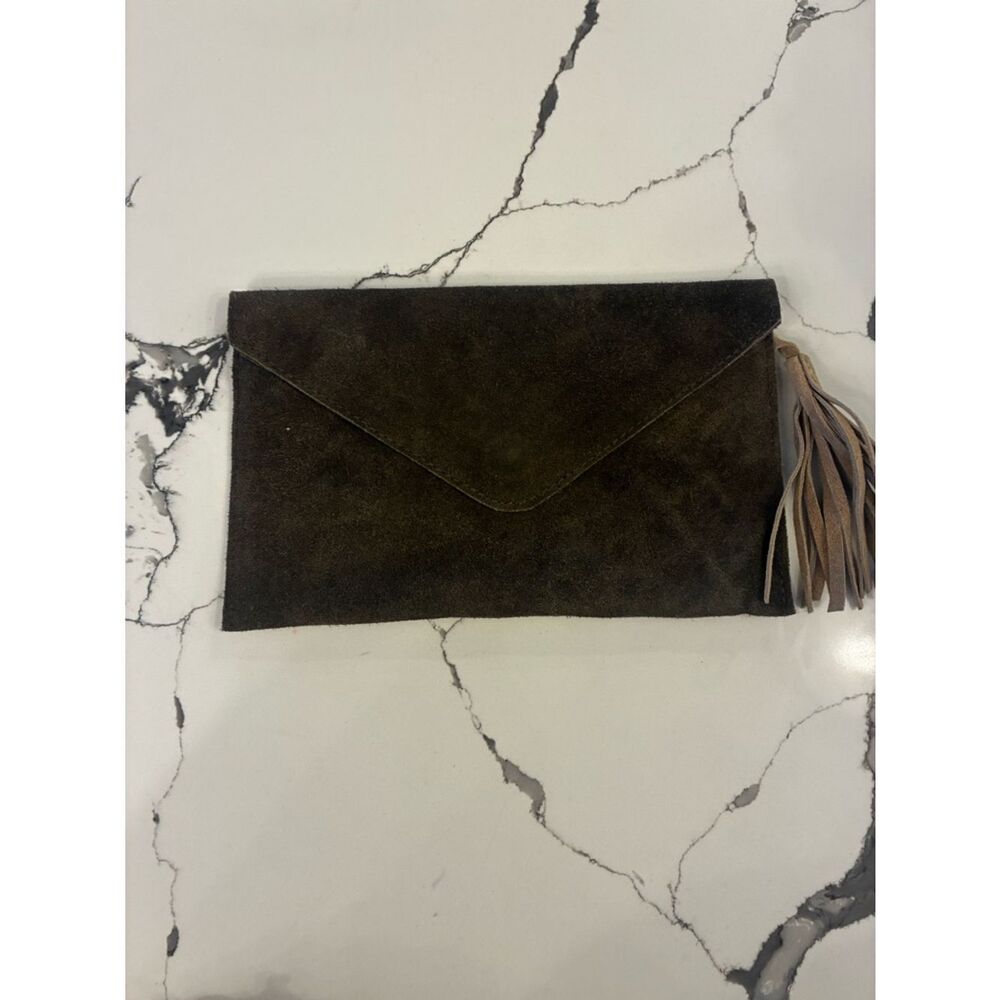 Suede Envelope Clutch with Tassel - Dark Brown